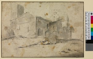 Einstöckiges italienisches Haus mit halbzerstörtem viereckigen Turm