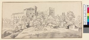 Gehöft mit Zinnenturm auf einer Anhöhe