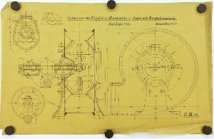 Exhaustor mit 450 mm Flügeldurchmesser in Blechgehäuse, und Lager mit Ringschmierung, 1908